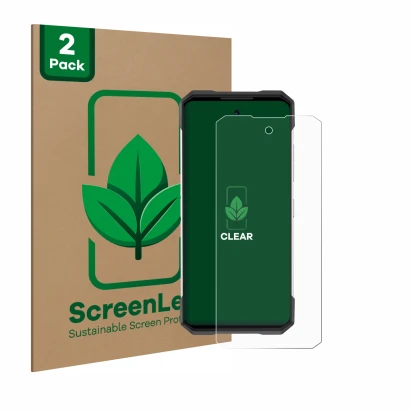 Vorderseite einer Produktverpackung mit dem Markenlogo ScreenLeaf. Daneben ist das Gerät Doogee S200 mit dem zugehörigen Displ