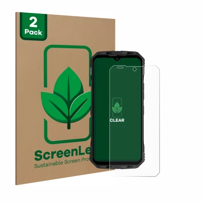 Vorderseite einer Produktverpackung mit dem Markenlogo ScreenLeaf. Daneben ist das Gerät Doogee V Max Plus mit dem zugehörigen