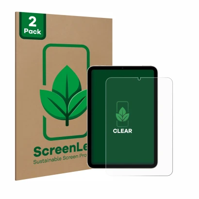 Vorderseite einer Produktverpackung mit dem Markenlogo ScreenLeaf. Daneben ist das Gerät Apple iPad Mini 7 2024 mit dem zugehö