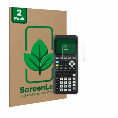Vorderseite einer Produktverpackung mit dem Markenlogo ScreenLeaf. Daneben ist das Gerät Texas Instruments TI-84 Plus CE-T Pyt