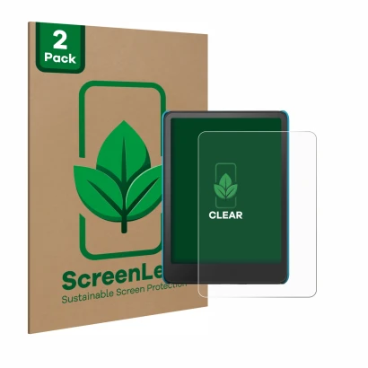Vorderseite einer Produktverpackung mit dem Markenlogo ScreenLeaf. Daneben ist das Gerät Amazon Kindle Paperwhite Kids 2024 mi