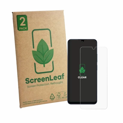 Vorderseite einer Produktverpackung mit dem Markenlogo ScreenLeaf. Daneben ist das Gerät Xiaomi Redmi 14C mit dem zugehörigen 