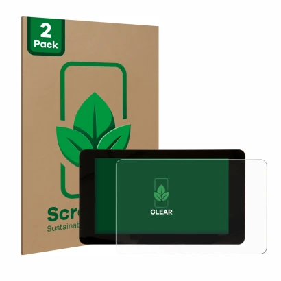 Vorderseite einer Produktverpackung mit dem Markenlogo ScreenLeaf. Daneben ist das Gerät Raspberry Pi Touchscreen 2 (7") mit d