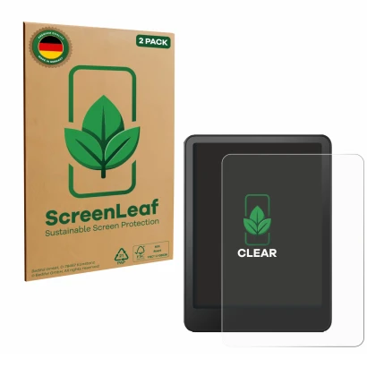 Vorderseite einer Produktverpackung mit dem Markenlogo ScreenLeaf. Daneben ist das Gerät Amazon Kindle Paperwhite 2024 (12. Ge