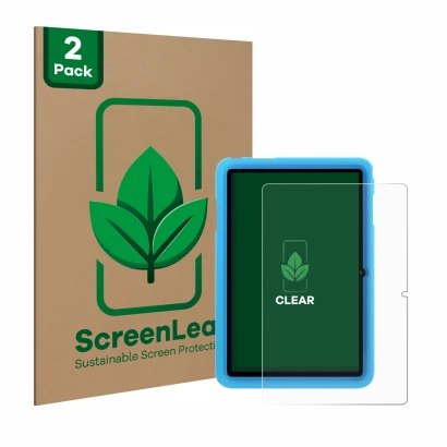 Vorderseite einer Produktverpackung mit dem Markenlogo ScreenLeaf. Daneben ist das Gerät Blackview Tab 8 Kids mit dem zugehöri