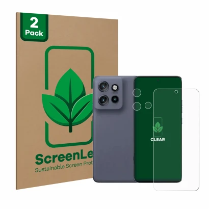 Vorderseite einer Produktverpackung mit dem Markenlogo ScreenLeaf. Daneben ist das Gerät Motorola Edge 50 Neo (Display+Kamera)
