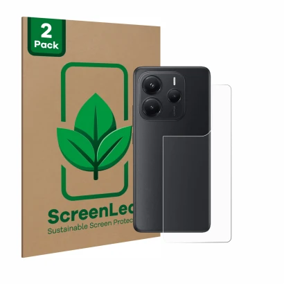 Vorderseite einer Produktverpackung mit dem Markenlogo ScreenLeaf. Daneben ist das Gerät Xiaomi Redmi Note 14 (Rückseite) mit 