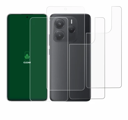 Abbildung des Geräts Xiaomi Redmi Note 14 (Display+Rückseite) mit einer Vielzahl des Displayschutzes.