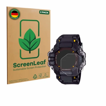 Vorderseite einer Produktverpackung mit dem Markenlogo ScreenLeaf. Daneben ist das Gerät Casio G-Shock GPR-H 1000 mit dem zuge