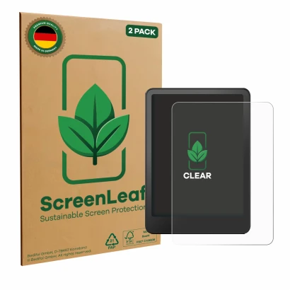Vorderseite einer Produktverpackung mit dem Markenlogo ScreenLeaf. Daneben ist das Gerät Amazon Kindle Paperwhite 2024 Signatu
