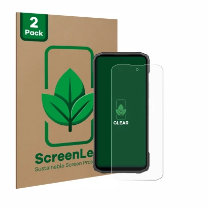 Vorderseite einer Produktverpackung mit dem Markenlogo ScreenLeaf. Daneben ist das Gerät Doogee Blade 10 Power mit dem zugehör