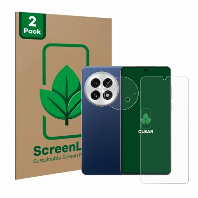 Vorderseite einer Produktverpackung mit dem Markenlogo ScreenLeaf. Daneben ist das Gerät OnePlus 13 (Display+Kamera) mit dem z