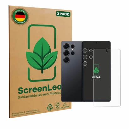Vorderseite einer Produktverpackung mit dem Markenlogo ScreenLeaf. Daneben ist das Gerät Samsung Galaxy S25 Ultra (Display+Kam