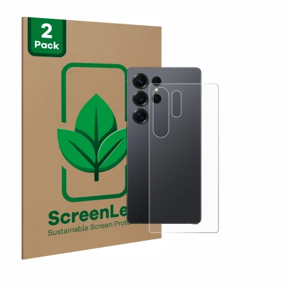 Vorderseite einer Produktverpackung mit dem Markenlogo ScreenLeaf. Daneben ist das Gerät Samsung Galaxy S25 Ultra (Rückseite) 