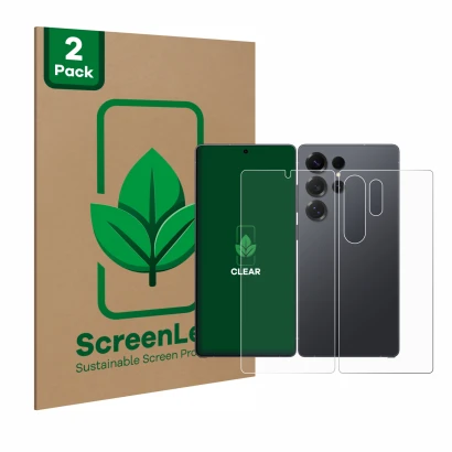 Vorderseite einer Produktverpackung mit dem Markenlogo ScreenLeaf. Daneben ist das Gerät Samsung Galaxy S25 Ultra (Display+Rüc