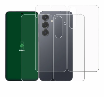 Abbildung des Geräts Samsung Galaxy S25 (Display+Rückseite) mit einer Vielzahl des Displayschutzes.