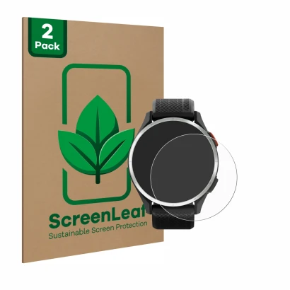 Vorderseite einer Produktverpackung mit dem Markenlogo ScreenLeaf. Daneben ist das Gerät Garmin Approach S44 mit dem zugehörig