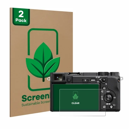 Vorderseite einer Produktverpackung mit dem Markenlogo ScreenLeaf. Daneben ist das Gerät Sony Alpha 6400A mit dem zugehörigen 