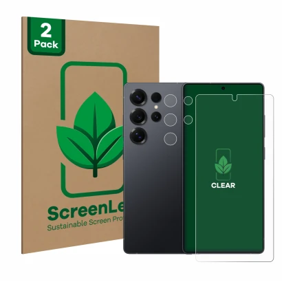 Vorderseite einer Produktverpackung mit dem Markenlogo ScreenLeaf. Daneben ist das Gerät Samsung Galaxy S25 Ultra Enterprise E