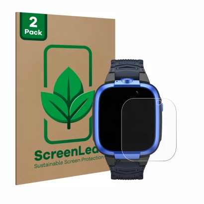 Vorderseite einer Produktverpackung mit dem Markenlogo ScreenLeaf. Daneben ist das Gerät Xiaomi Mibro Kids Z3 mit dem zugehöri