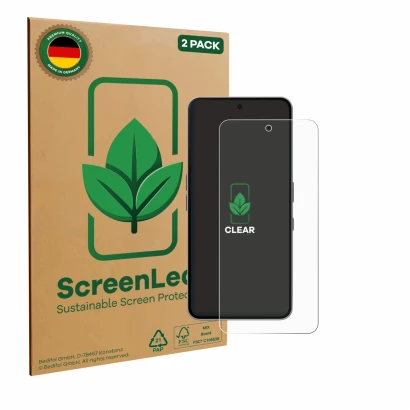 Vorderseite einer Produktverpackung mit dem Markenlogo ScreenLeaf. Daneben ist das Gerät Nothing Phone (3a) Pro mit dem zugehö