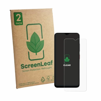 Vorderseite einer Produktverpackung mit dem Markenlogo ScreenLeaf. Daneben ist das Gerät ZTE Blade A35e mit dem zugehörigen Di