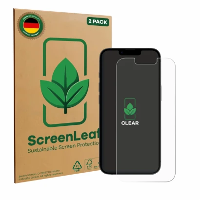 Vorderseite einer Produktverpackung mit dem Markenlogo ScreenLeaf. Daneben ist das Gerät Apple iPhone 16e mit dem zugehörigen 