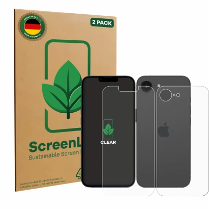 Vorderseite einer Produktverpackung mit dem Markenlogo ScreenLeaf. Daneben ist das Gerät Apple iPhone 16e (Display+Rückseite) 