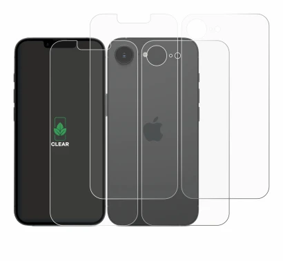 Abbildung des Geräts Apple iPhone 16e (Display+Rückseite) mit einer Vielzahl des Displayschutzes.