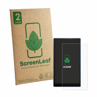 Vorderseite einer Produktverpackung mit dem Markenlogo ScreenLeaf. Daneben ist das Gerät FiiO JM21 mit dem zugehörigen Display