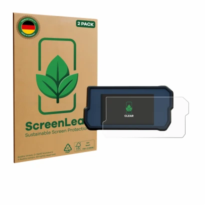 Vorderseite einer Produktverpackung mit dem Markenlogo ScreenLeaf. Daneben ist das Gerät KTM 390 / 890 Adventure 2020+ mit dem