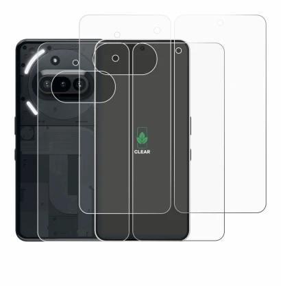 Abbildung des Geräts Nothing Phone (3a) (Display+Rückseite) mit einer Vielzahl des Displayschutzes.