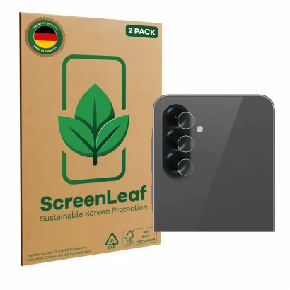 Vorderseite einer Produktverpackung mit dem Markenlogo ScreenLeaf. Daneben ist das Gerät Samsung Galaxy A56 5G (NUR Kameraschu