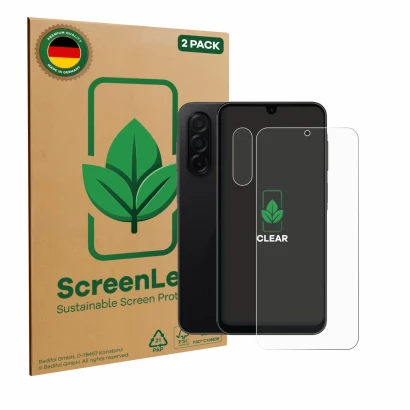 Vorderseite einer Produktverpackung mit dem Markenlogo ScreenLeaf. Daneben ist das Gerät Samsung Galaxy A26 5G (Display+Kamera