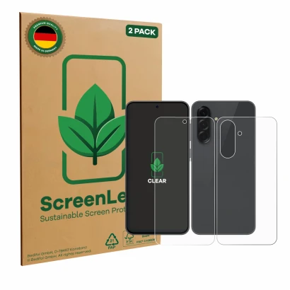 Vorderseite einer Produktverpackung mit dem Markenlogo ScreenLeaf. Daneben ist das Gerät Samsung Galaxy A36 5G (Display+Rückse