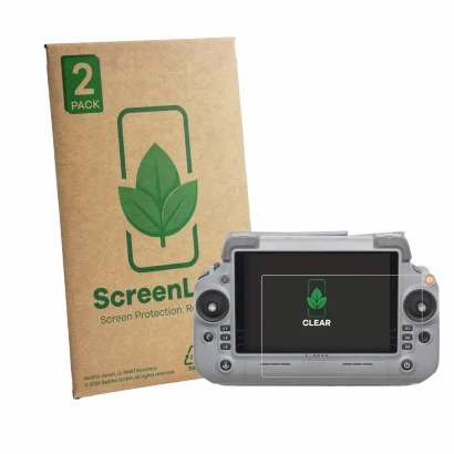 Vorderseite einer Produktverpackung mit dem Markenlogo ScreenLeaf. Daneben ist das Gerät DJI RC Plus 2 mit dem zugehörigen Dis