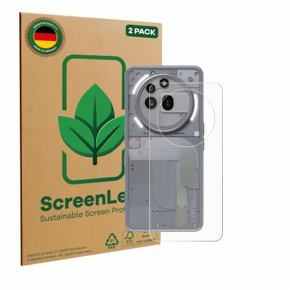 Vorderseite einer Produktverpackung mit dem Markenlogo ScreenLeaf. Daneben ist das Gerät Nothing Phone (3a) Pro (Rückseite) mi