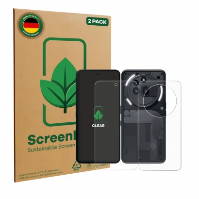 Vorderseite einer Produktverpackung mit dem Markenlogo ScreenLeaf. Daneben ist das Gerät Nothing Phone (3a) Pro (Display+Rücks