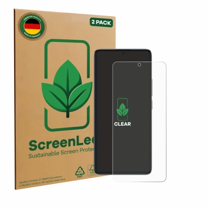 Vorderseite einer Produktverpackung mit dem Markenlogo ScreenLeaf. Daneben ist das Gerät Xiaomi Poco F7 Ultra mit dem zugehöri