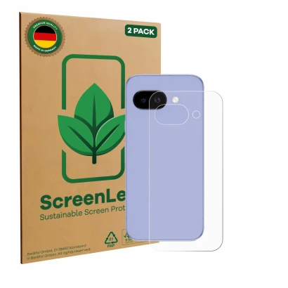 Vorderseite einer Produktverpackung mit dem Markenlogo ScreenLeaf. Daneben ist das Gerät Google Pixel 9a (Rückseite) mit dem z