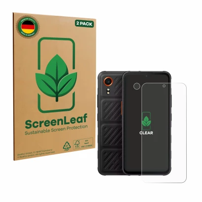 Vorderseite einer Produktverpackung mit dem Markenlogo ScreenLeaf. Daneben ist das Gerät Samsung Galaxy XCover 7 Enterprise Ed