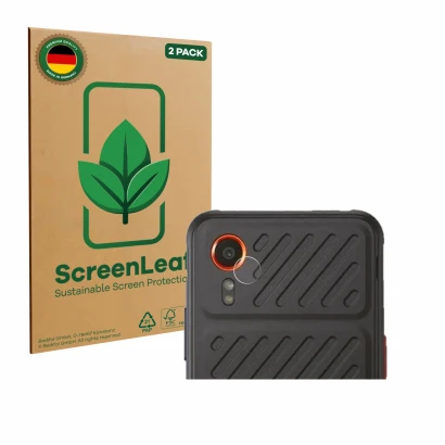 Vorderseite einer Produktverpackung mit dem Markenlogo ScreenLeaf. Daneben ist das Gerät Samsung Galaxy XCover 7 Enterprise Ed