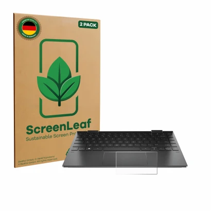 Vorderseite einer Produktverpackung mit dem Markenlogo ScreenLeaf. Daneben ist das Gerät HP Envy x360 (13-X) (NUR Touch Trackp