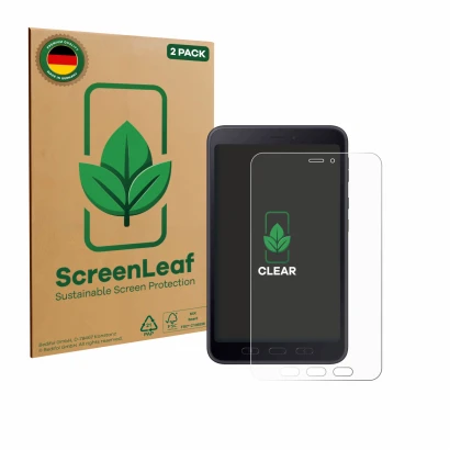 Vorderseite einer Produktverpackung mit dem Markenlogo ScreenLeaf. Daneben ist das Gerät Samsung galaxy Tab Active 5 5G Enterp