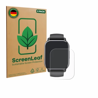 Vorderseite einer Produktverpackung mit dem Markenlogo ScreenLeaf. Daneben ist das Gerät Poounur T80 1.95" mit dem zugehörigen