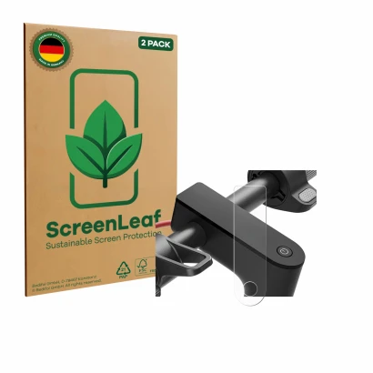 Vorderseite einer Produktverpackung mit dem Markenlogo ScreenLeaf. Daneben ist das Gerät Xiaomi Electric Scooter 4 mit dem zug