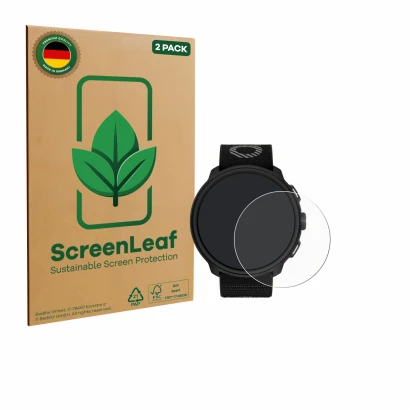 Vorderseite einer Produktverpackung mit dem Markenlogo ScreenLeaf. Daneben ist das Gerät Suunto Run mit dem zugehörigen Displa