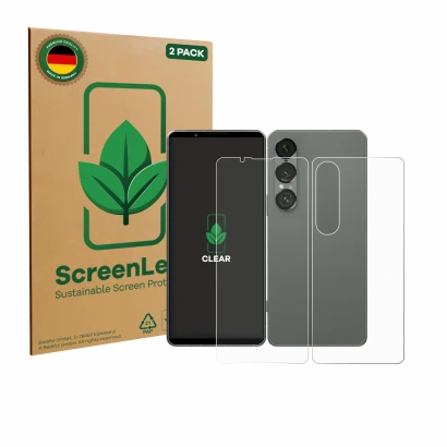 Vorderseite einer Produktverpackung mit dem Markenlogo ScreenLeaf. Daneben ist das Gerät Sony Xperia 1 VII (Display+Rückseite)