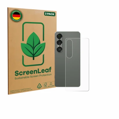 Vorderseite einer Produktverpackung mit dem Markenlogo ScreenLeaf. Daneben ist das Gerät Sony Xperia 1 VII (Rückseite) mit dem