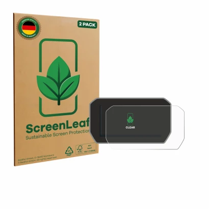 Vorderseite einer Produktverpackung mit dem Markenlogo ScreenLeaf. Daneben ist das Gerät Ducati V4 Rally (2024) mit dem zugehö